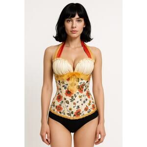 Vintage Handmade Floral Halter Lace-Up Corset Top with Ribbon Ties small